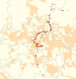 Mapa konturowa Obszaru Warownego Śląsk, blisko centrum na prawo u góry znajduje się punkt z opisem „Punkt oporu Dąbrówka Wielka”