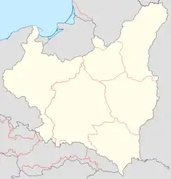 Mapa konturowa Okupowanej Polski w latach 1941-1944, u góry po prawej znajduje się punkt z opisem „miejsce bitwy”