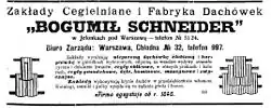 Ogłoszenie Zakładów Cegielnianych i Fabryki Dachówek „Bogumił Schneider” w „Przeglądzie Technicznym” z 3 października 1912 r.
