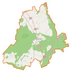 Mapa konturowa gminy Okonek, blisko centrum po prawej na dole znajduje się punkt z opisem „Chwalimie”