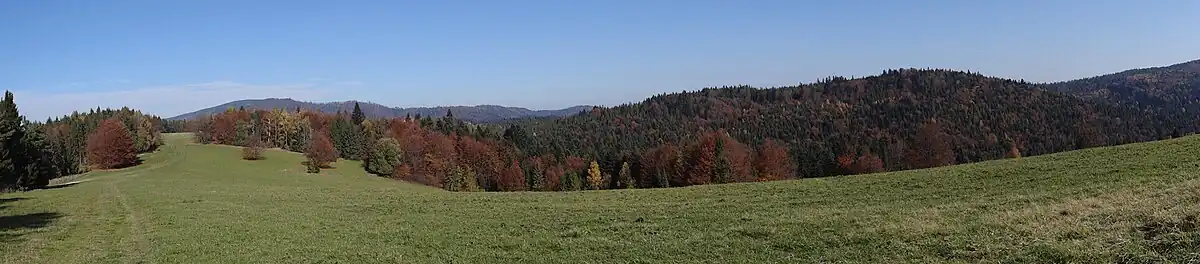Panorama widokowa z litmanowskich łąk na Beskid Sądecki, Przełęcz Gromadzką, Okrúhlę i Eliaszówkę