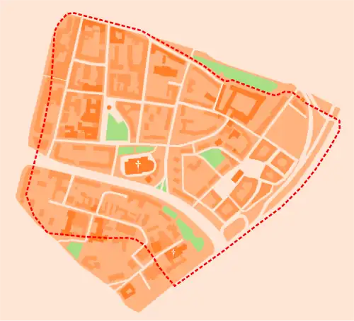 Mapa konturowa Starego Miasta w Szczecinie, po prawej znajduje się punkt z opisem „Targ Rybny”
