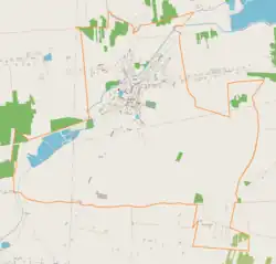 Mapa konturowa Oleśnicy, blisko centrum u góry znajduje się punkt z opisem „Parafia Wniebowzięcia Najświętszej Maryi Panny”