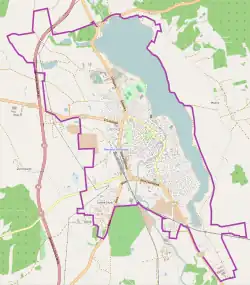 Mapa konturowa Olecka, w centrum znajduje się punkt z opisem „Olecko”