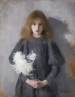 Olga Boznańska, Dziewczynka z chryzantemami, olej na tekturze, 1894