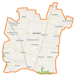 Mapa konturowa gminy Olszówka, u góry nieco na prawo znajduje się punkt z opisem „Krzewata”