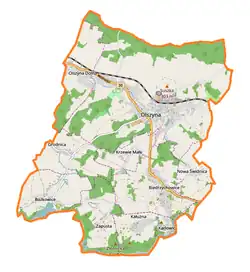 Mapa konturowa gminy Olszyna, na dole nieco na lewo znajduje się punkt z opisem „Zamek Rajsko”