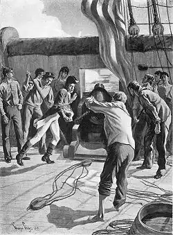 Kilku marynarzy zgromadzonych wokół działa, z którego za chwilę padnie jedyny strzał