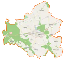 Mapa konturowa gminy Opalenica, na dole nieco na prawo znajduje się punkt z opisem „Urbanowo”