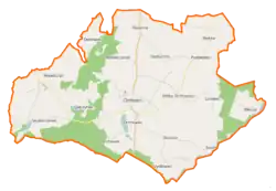 Mapa konturowa gminy Orchowo, w centrum znajduje się punkt z opisem „Orchowo”