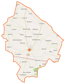 Mapa konturowa gminy Osięciny, na dole nieco na lewo znajduje się punkt z opisem „Samszyce”