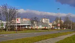 Widok osiedla od południa, od strony ulicy Okulickiego i os. Strusia. Na pierwszym planie hipermarket Kaufland.