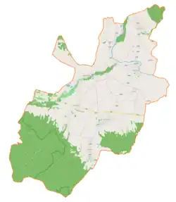 Mapa konturowa gminy Osiek Jasielski, blisko centrum u góry znajduje się punkt z opisem „Parafia Miłosierdzia Bożego w Zawadce Osieckiej”