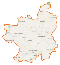 Mapa konturowa gminy Osiek Mały, na dole po prawej znajduje się punkt z opisem „Parafia św. Bartłomieja Apostoła”