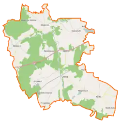 Mapa konturowa gminy Osina, blisko centrum na lewo znajduje się punkt z opisem „Krzywicki Mszar”