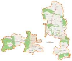 Mapa konturowa gminy wiejskiej Ostrów Wielkopolski, u góry nieco na prawo znajduje się punkt z opisem „Biniew”