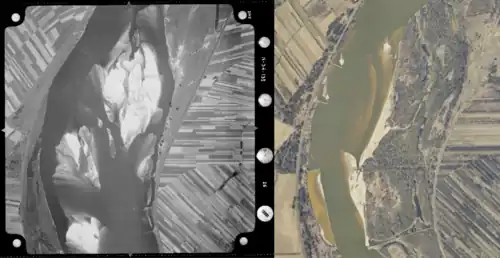 Koryto Wisły powyżej m. Gassy. Z lewej zdjęcie lotnicze z 1958 r.: widoczne krótkie ostrogi przy prawym brzegu, koryto szerokie, obecne łachy śródkorytowe. Z prawej zdjęcie lotnicze z 2021 r.: koryto znacząco zawężone, obszar między ostrogami (nowymi, długimi, powstałymi po 1958 r.) zasypany i porośnięty lasem łęgowym.