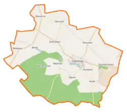 Mapa konturowa gminy Ostroróg, po lewej znajduje się punkt z opisem „Binino”