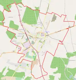 Mapa konturowa Ostrzeszowa, w centrum znajduje się punkt z opisem „Parafia Najświętszej Maryi Panny Wniebowziętej”