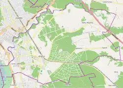 Mapa konturowa Otwocka, u góry znajduje się punkt z opisem „Tolin”