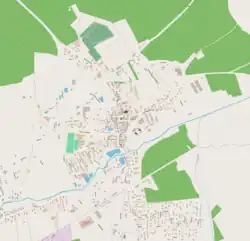 Mapa konturowa Otynia, w centrum znajduje się punkt z opisem „Parafia Podwyższenia Krzyża Świętego w Otyniu”