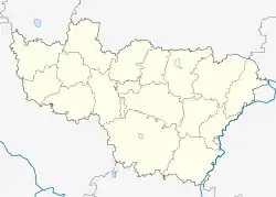 Mapa konturowa obwodu włodzimierskiego, w centrum znajduje się punkt z opisem „Cerkiew Opieki Matki Bożej na Nerli”