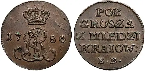Próbny półgrosz „Z MIEDZI KRAIOWEY” (1786)