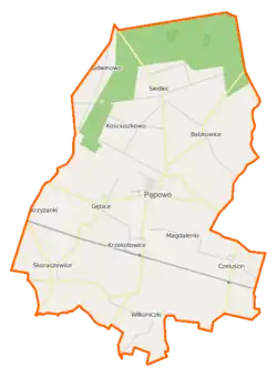 Mapa konturowa gminy Pępowo, po lewej nieco na dole znajduje się punkt z opisem „Skoraszewice”