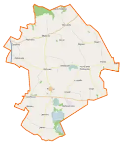 Mapa konturowa gminy Płużnica, blisko centrum na prawo u góry znajduje się punkt z opisem „Mgowo”