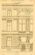 Ściana frontowa budynku, litografia z „Atlas zur Zeitschrift für Bauwesen”, pod redakcją. G. Erbkama 1874