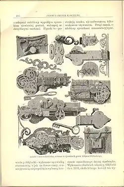 Stare zamki i okucia drzwi wykonane przez kowali, il. Adriana Głębockiego z Encyklopedii staropolskiej