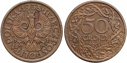 50 groszy 1938 ze starym orłem w brązie