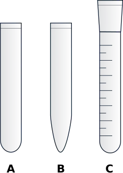 A - zwykła probówka, B - eppendorferka, C - kolbka probówkowa ze szlifem i skalą objętości