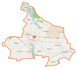 Mapa konturowa gminy Pakość, blisko centrum na lewo znajduje się punkt z opisem „Kalwaria Pakoska”