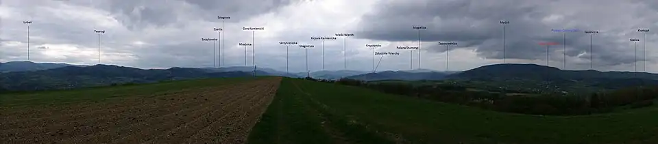 Panorama z Połomia na granicy miejscowości Zagorzyn i Czerniec z opisem