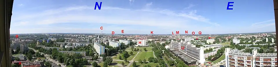 Wieżowce w panoramie miasta (oznaczone literą L)