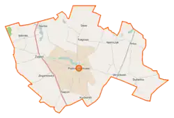 Mapa konturowa gminy Papowo Biskupie, po prawej nieco u góry znajduje się punkt z opisem „Firlus”