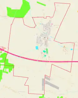 Mapa konturowa Parzęczewa, w centrum znajduje się punkt z opisem „Kościół św. Rocha”