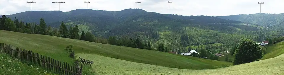 Położenie Czarnego w masywie Baraniej Góry. Widok z Cienkowa Niżniego