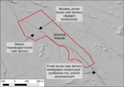 Rzeźba terenu w rezerwacie Pateraki. Widoczne obecne i dawne koryto rzeki Jamnicy (Trześniówki). Mapa podkładowa: Cieniowanie ISOK (Geoportal)