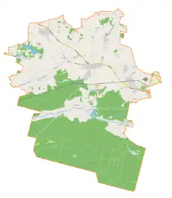 Mapa konturowa gminy Pawonków, u góry po lewej znajduje się punkt z opisem „Gwoździany”