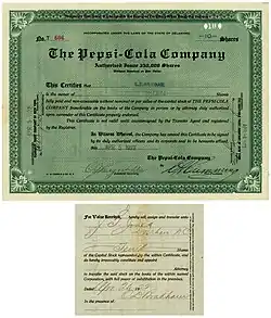 Akcja Pepsi-Cola Company, wydana w dniu 5 kwietnia 1922 r. Calebowi Bradhamowi i podpisana przez niego na odwrocie jako potwierdzającego transakcję przeniesienia akcji