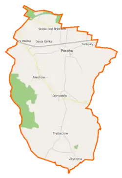 Mapa konturowa gminy Perzów, u góry po prawej znajduje się punkt z opisem „Turkowy”