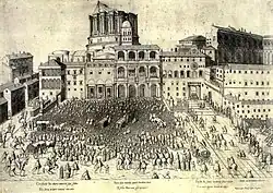 Widok na budowę nowej bazyliki, według miedziorytu z około 1600