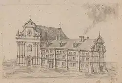 Kościół i klasztor na grafice z lat 1800–1820