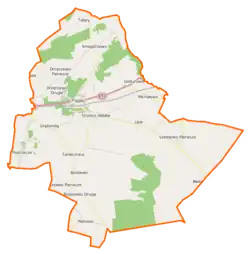 Mapa konturowa gminy Piaski, blisko centrum na dole znajduje się punkt z opisem „Bodzewko”