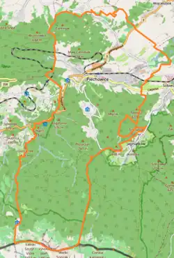 Mapa konturowa Piechowic, u góry znajduje się punkt z opisem „Piechowice”