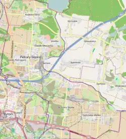 Mapa konturowa Piekar Śląskich, blisko centrum na lewo znajduje się punkt z opisem „Kopalnia Julian”