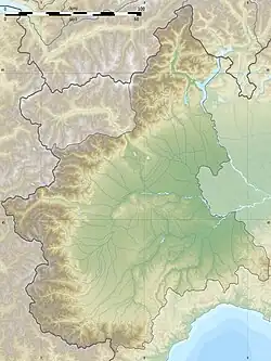 Mapa konturowa Piemontu, na dole po lewej znajduje się czarny trójkącik z opisem „Monte Viso”