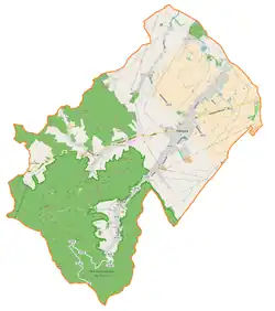 Mapa konturowa gminy Pieszyce, blisko centrum na prawo znajduje się punkt z opisem „Pieszyce”